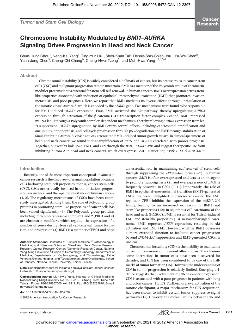 Chromosome Instability Modulated by BMI1–AURKA Signaling Drives Progression in Head and Neck Cancer