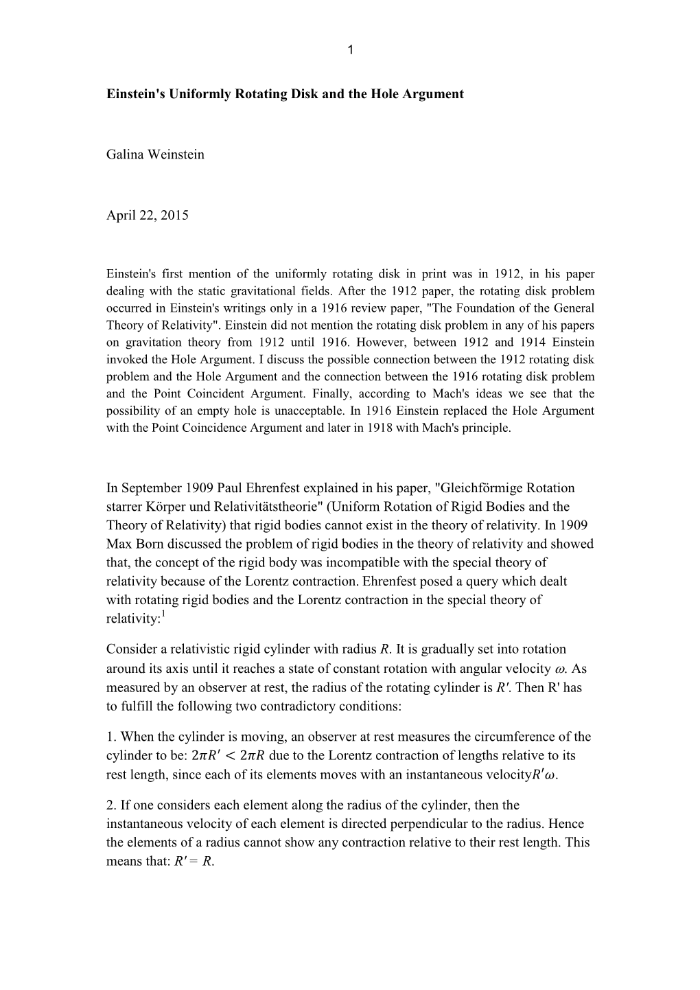 Einstein's Uniformly Rotating Disk and the Hole Argument Galina