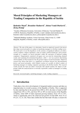 Moral Principles of Marketing Managers at Trading Companies in the Republic of Serbia