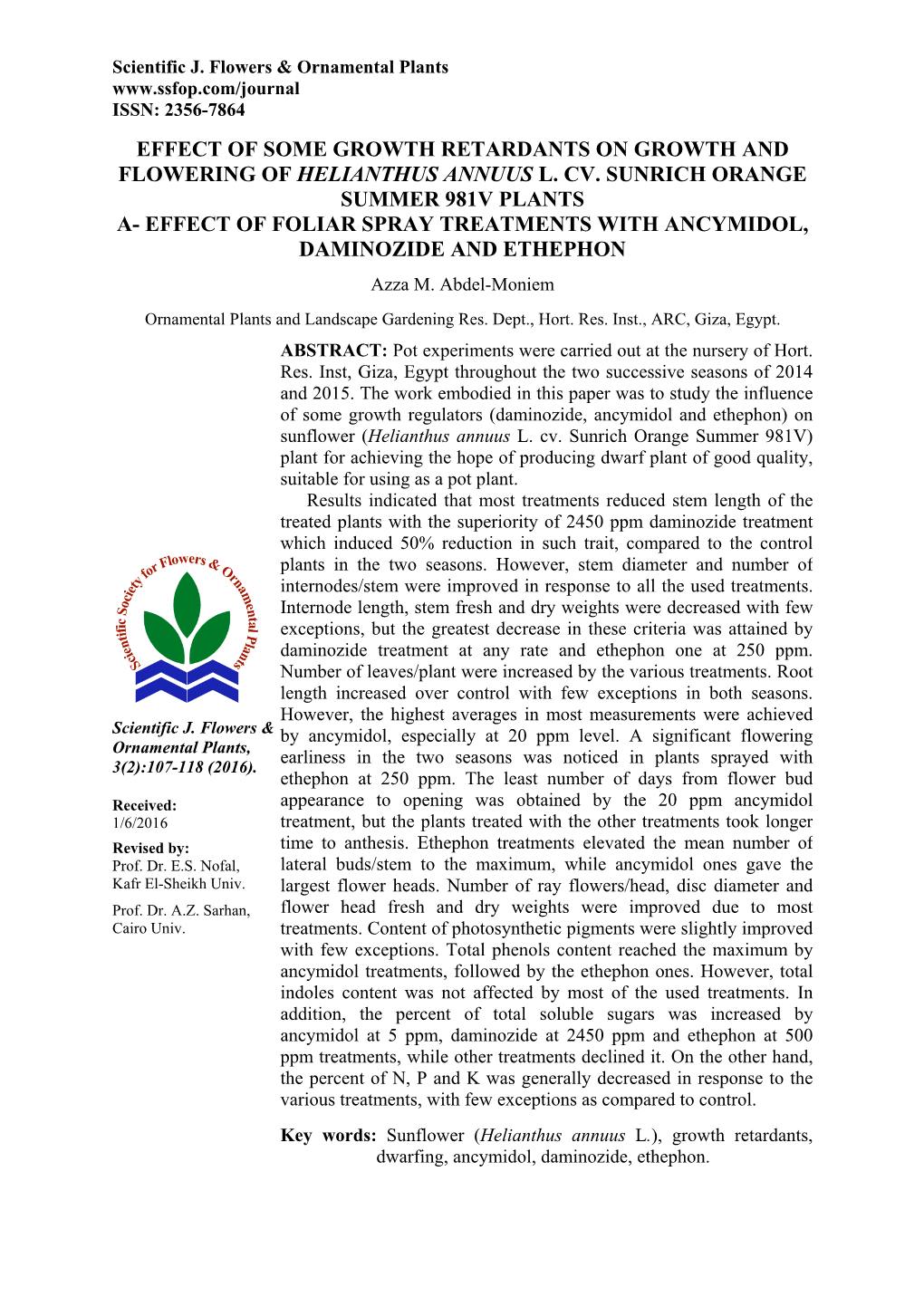 Effect of Some Growth Retardants on Growth and Flowering of Helianthus Annuus L