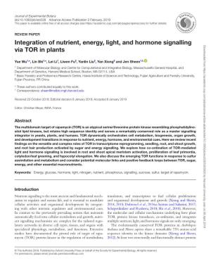 Integration of Nutrient, Energy, Light, and Hormone Signalling Via TOR In