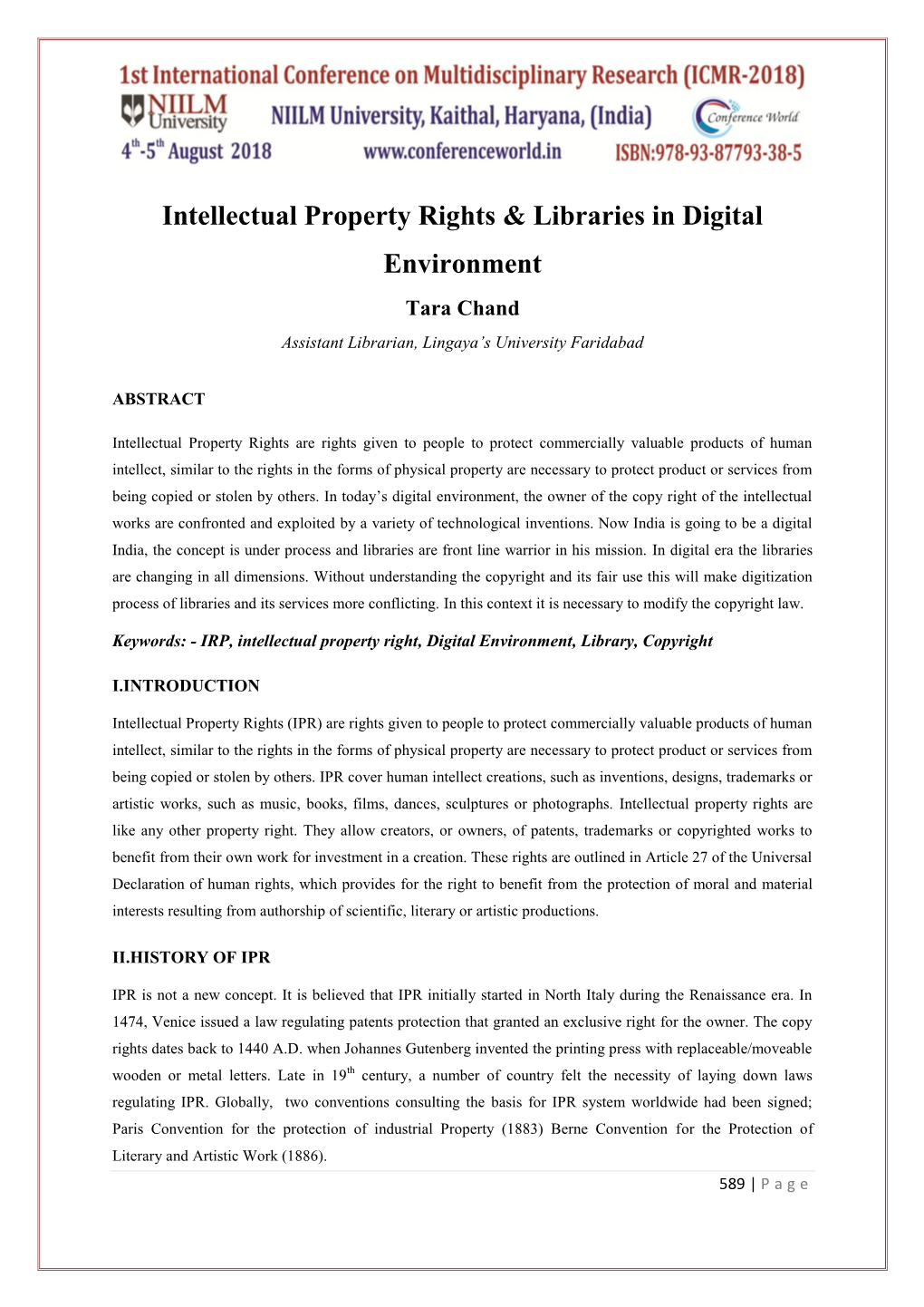 Intellectual Property Rights & Libraries in Digital Environment