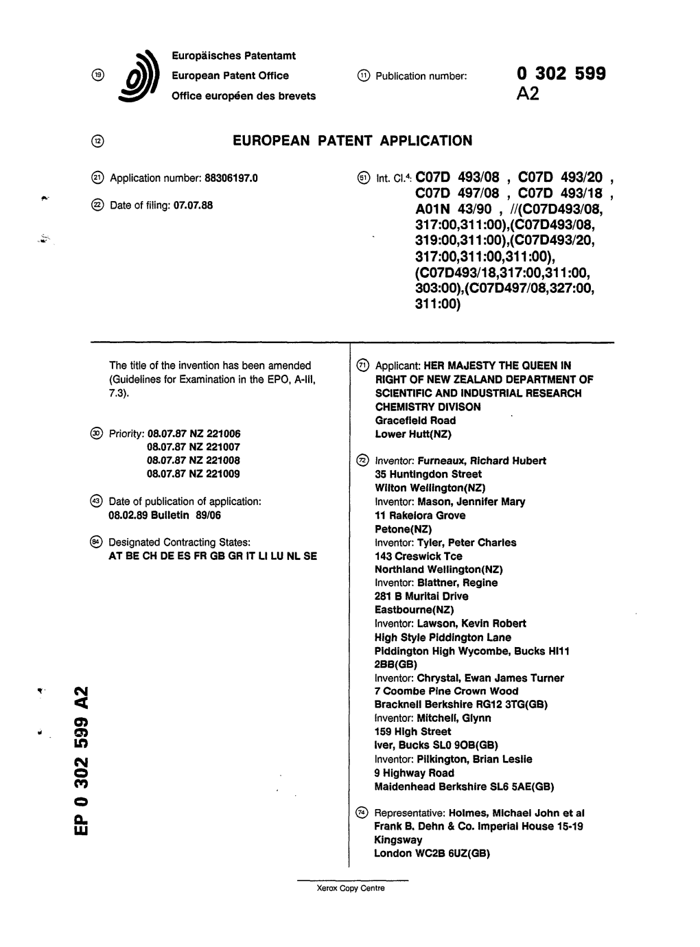 European Patent Office 00 Publication Number: 0 302 599 Office Europeen Des Brevets A2