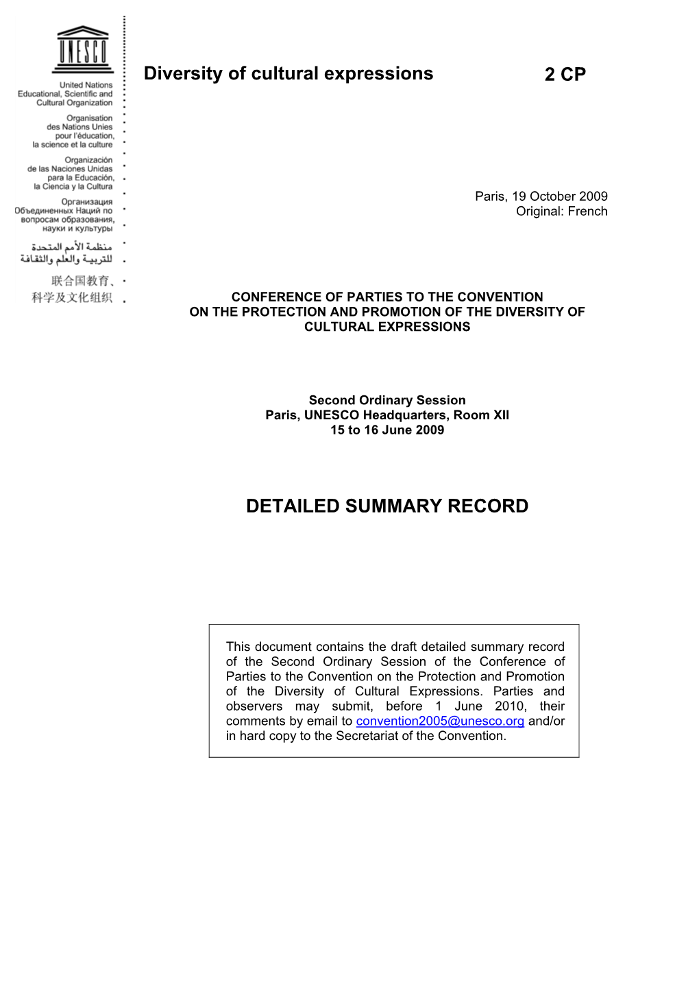 2 CP Diversity of Cultural Expressions DETAILED SUMMARY RECORD