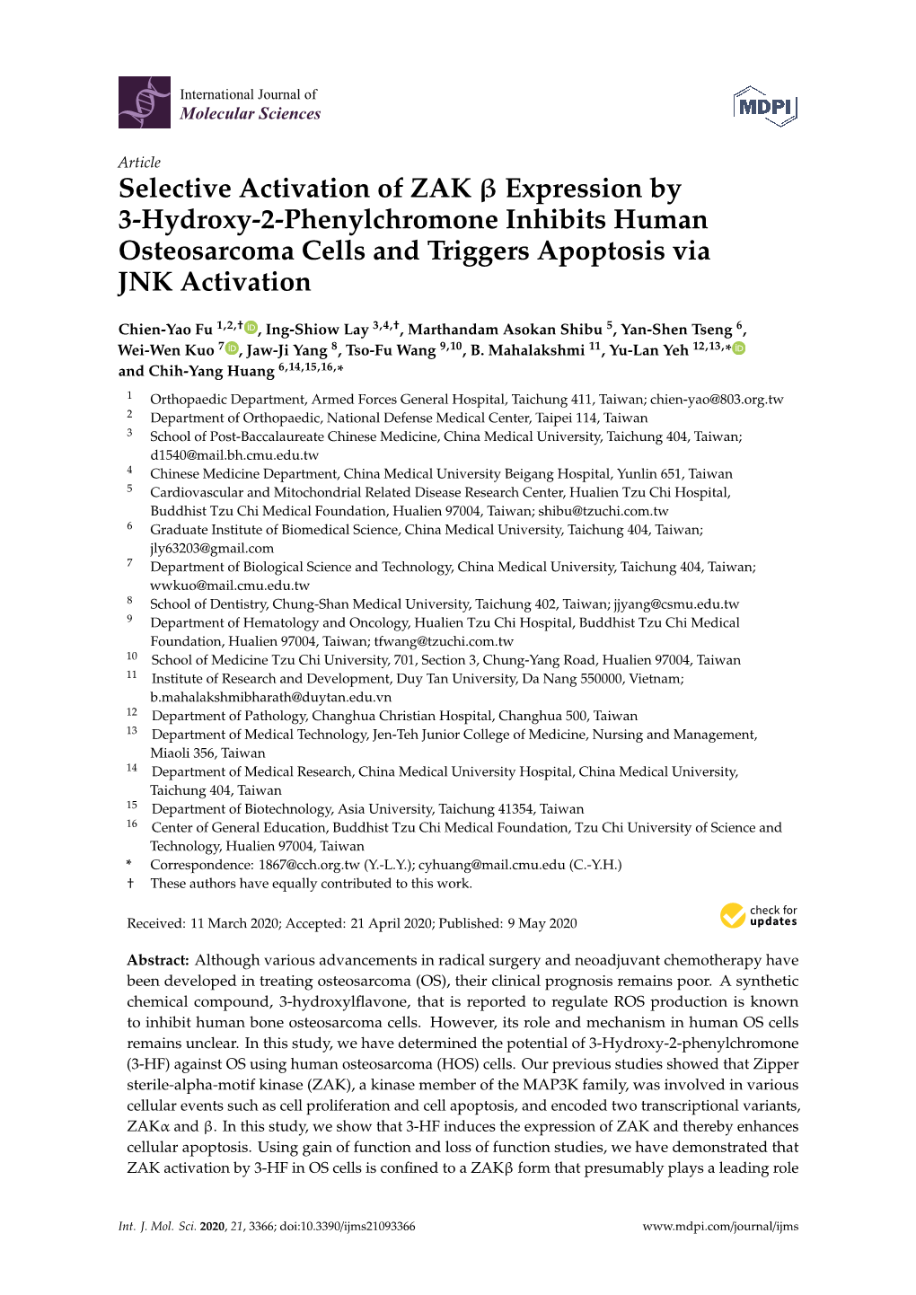 Selective Activation of ZAK Β Expression by 3-Hydroxy-2-Phenylchromone Inhibits Human Osteosarcoma Cells and Triggers Apoptosis Via JNK Activation