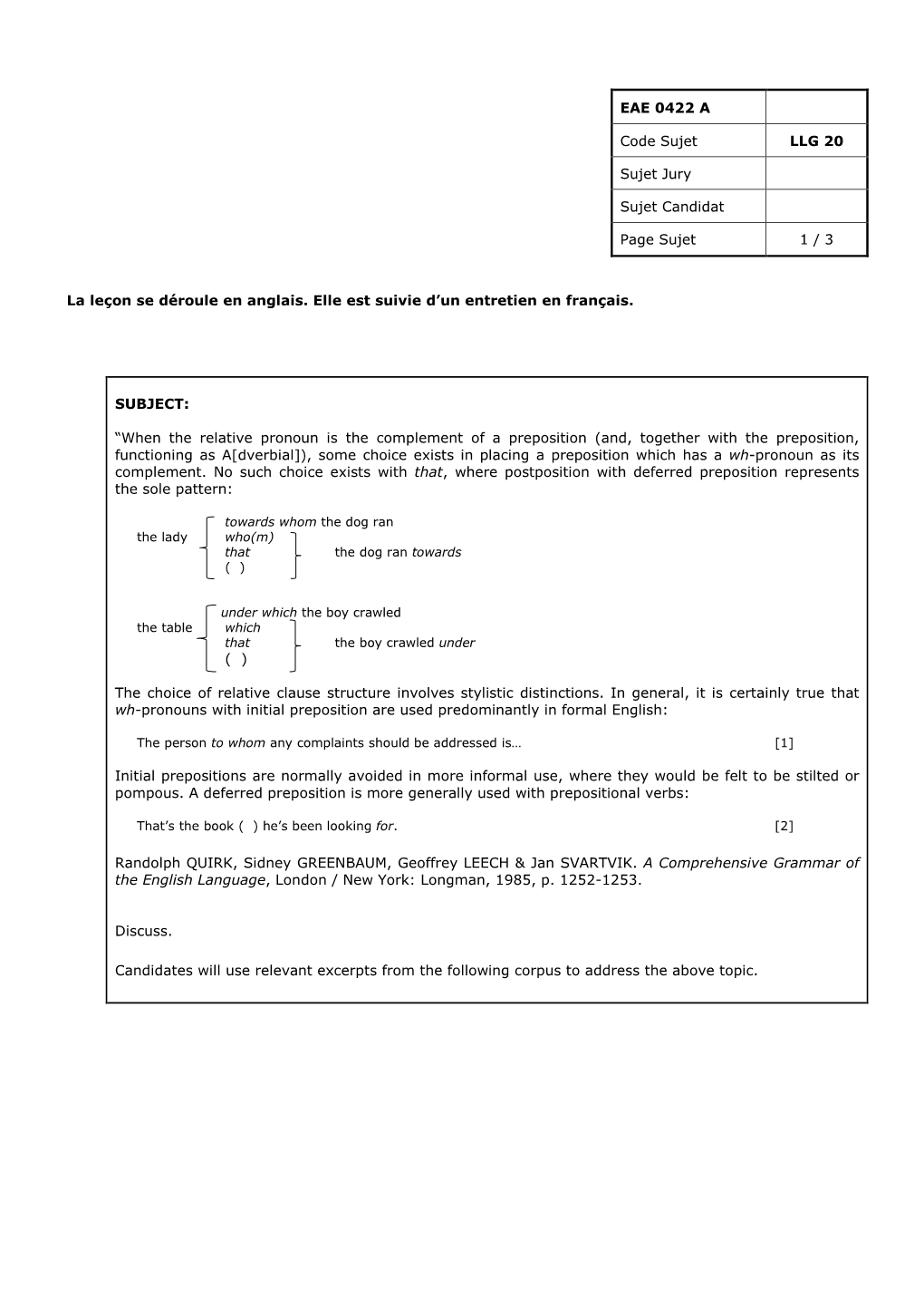 EAE 0422 a Code Sujet LLG 20 Sujet Jury Sujet Candidat Page Sujet 1