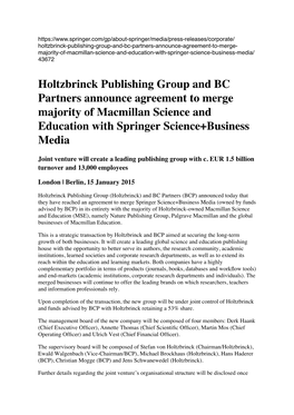 Holtzbrinck Publishing Group and BC Partners Announce Agreement to Merge Majority of Macmillan Science and Education with Springer Science+Business Media
