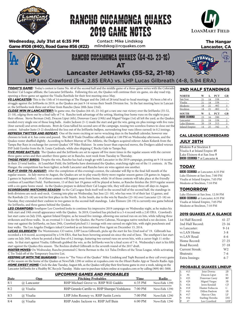 Rancho Cucamonga Quakes 2019 Game Notes