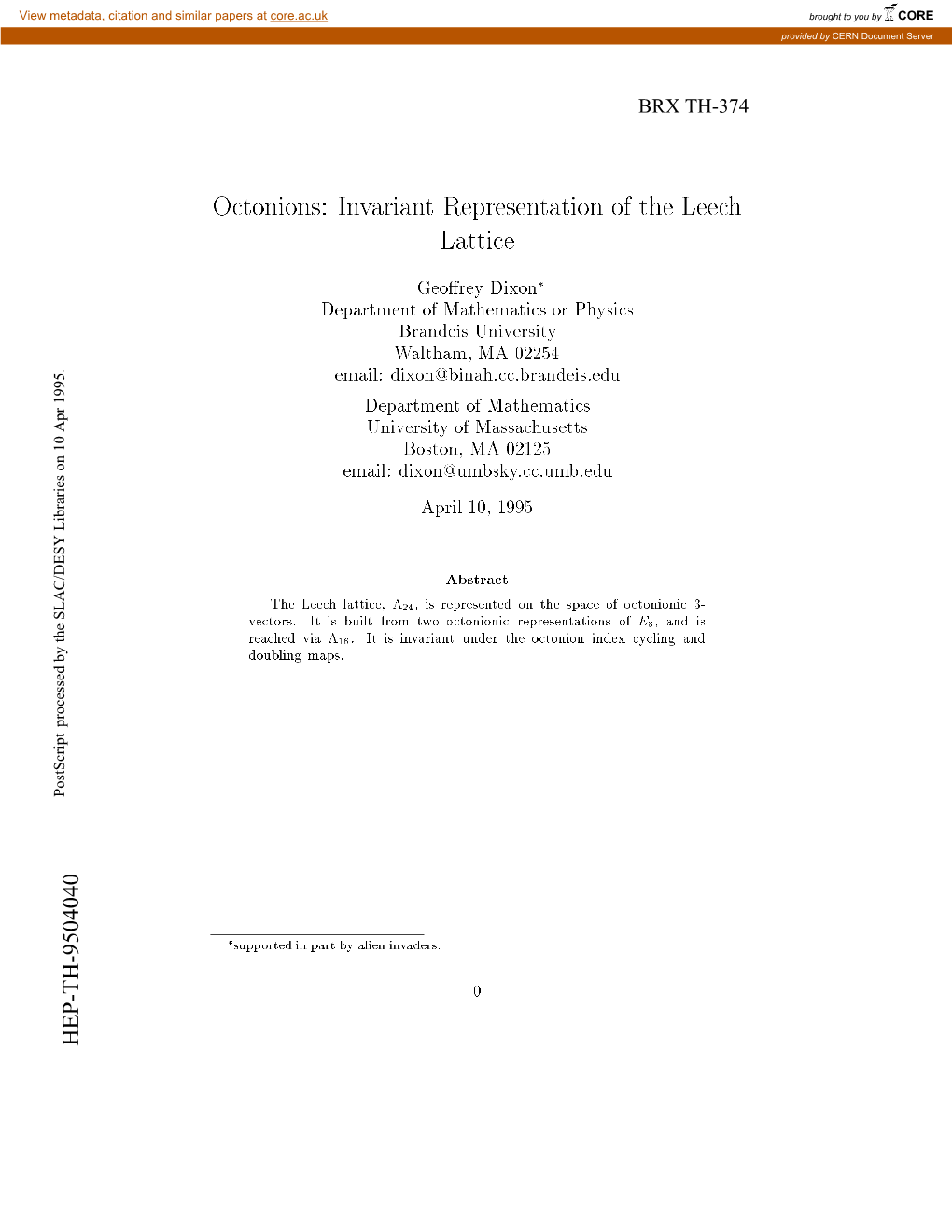 Octonions: Invariant Representation of the Leech Lattice