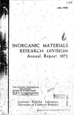INORGANIC MATERIALS RESEARCH DIVISION Annual Report 1972