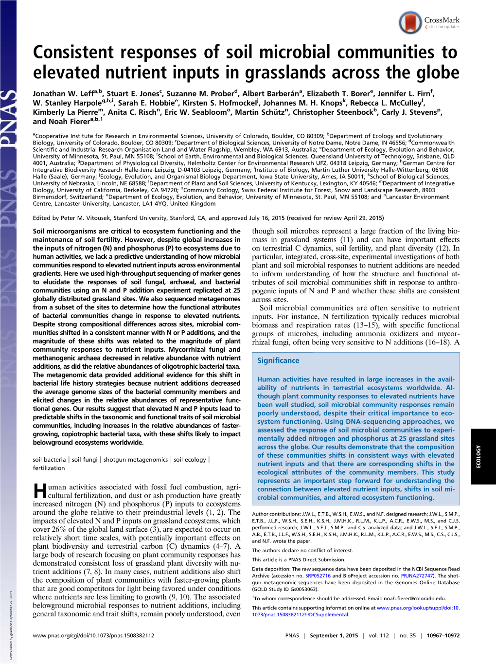 Consistent Responses of Soil Microbial Communities to Elevated Nutrient Inputs in Grasslands Across the Globe