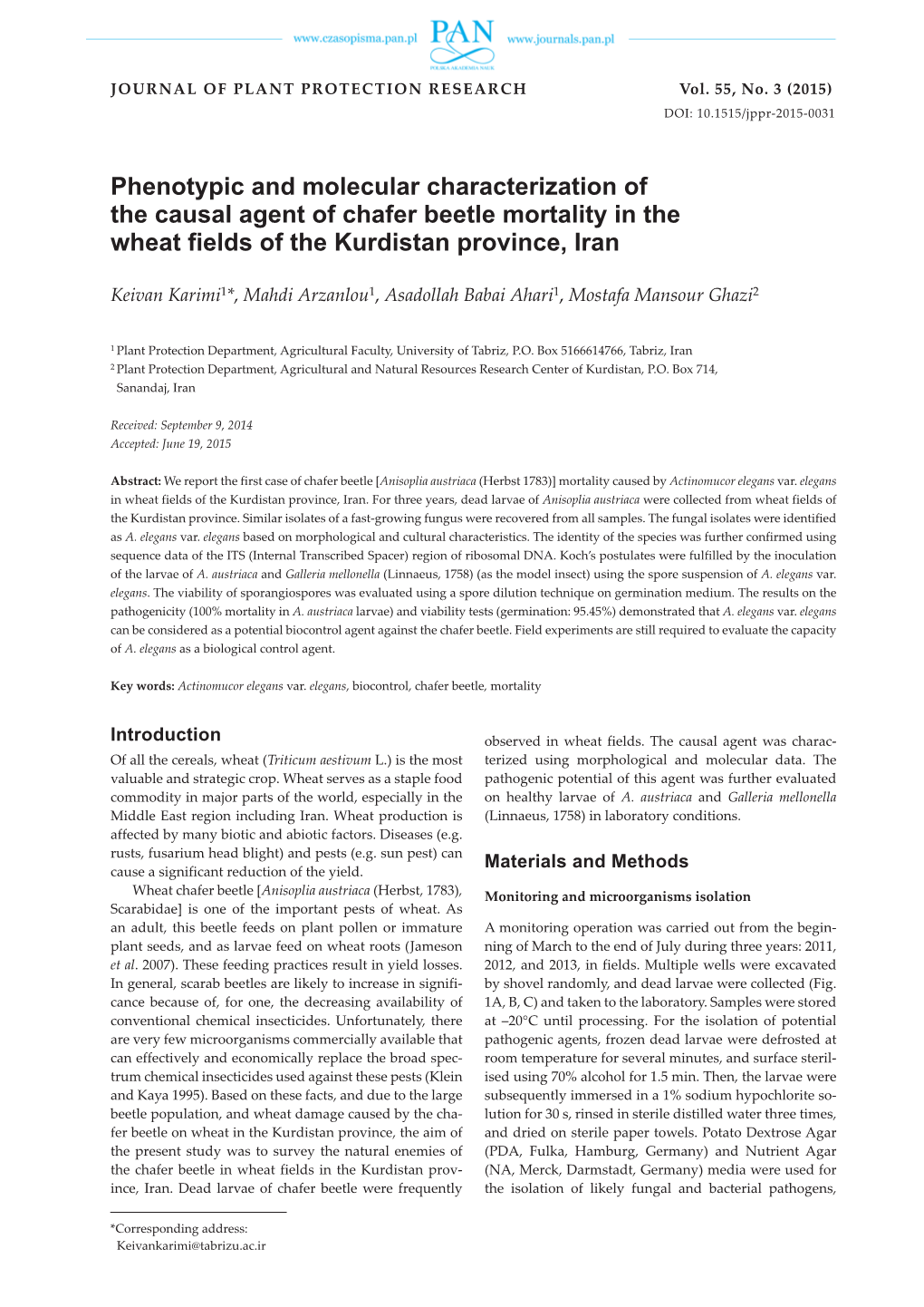 Phenotypic and Molecular Characterization of the Causal Agent of Chafer Beetle Mortality in the Wheat Fields of the Kurdistan Province, Iran