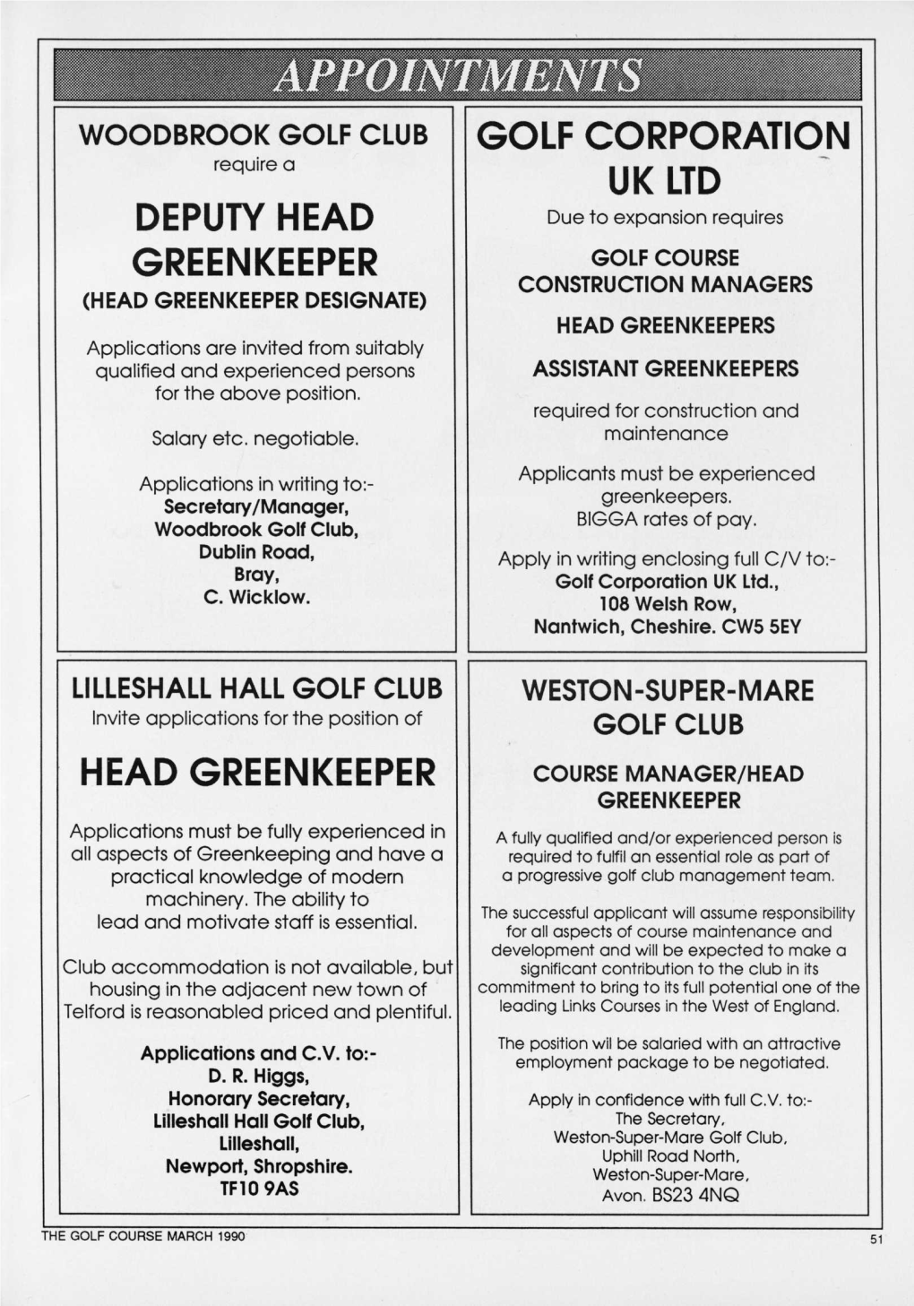 LILLESHALL HALL GOLF CLUB WESTON-SUPER-MARE Invite Applications for the Position of GOLF CLUB HEAD GREENKEEPER COURSE MANAGER/HEAD GREENKEEPER