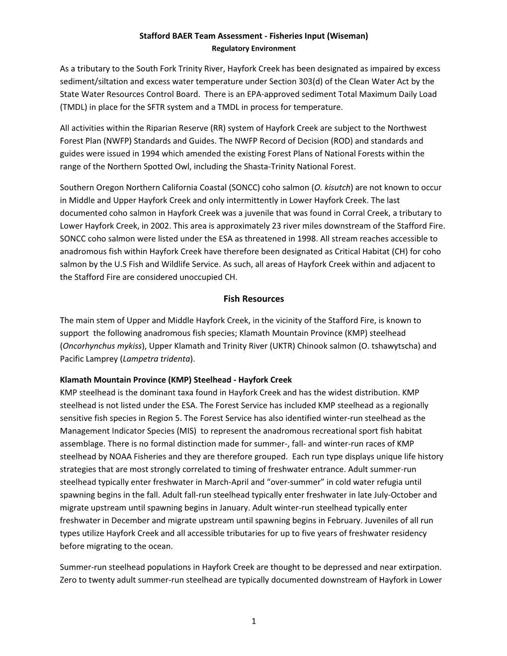 Fisheries Input (Wiseman) Regulatory Environment