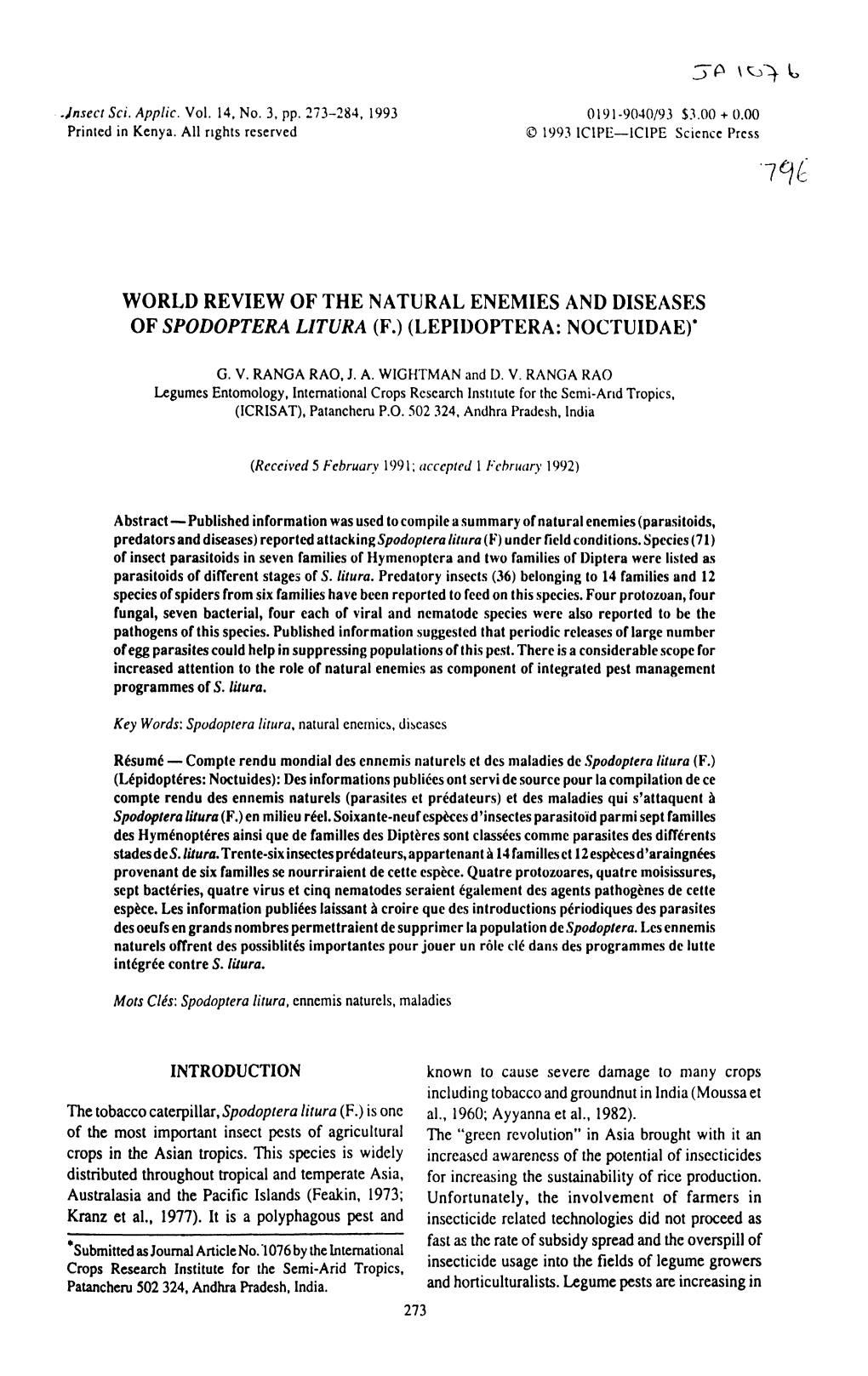 World Review of the Natural Enemies and Diseases of Spodoptera Litura (F.) (Lepidoptera: Noc'tuidae)'