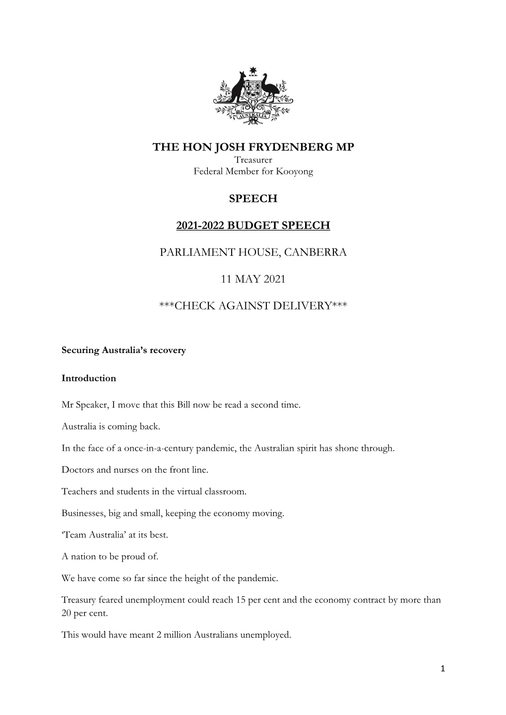 The Hon Josh Frydenberg Mp Speech 2021-2022 Budget