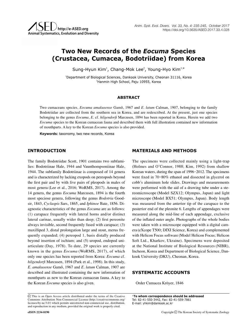 Two New Records of the Eocuma Species (Crustacea, Cumacea, Bodotriidae) from Korea