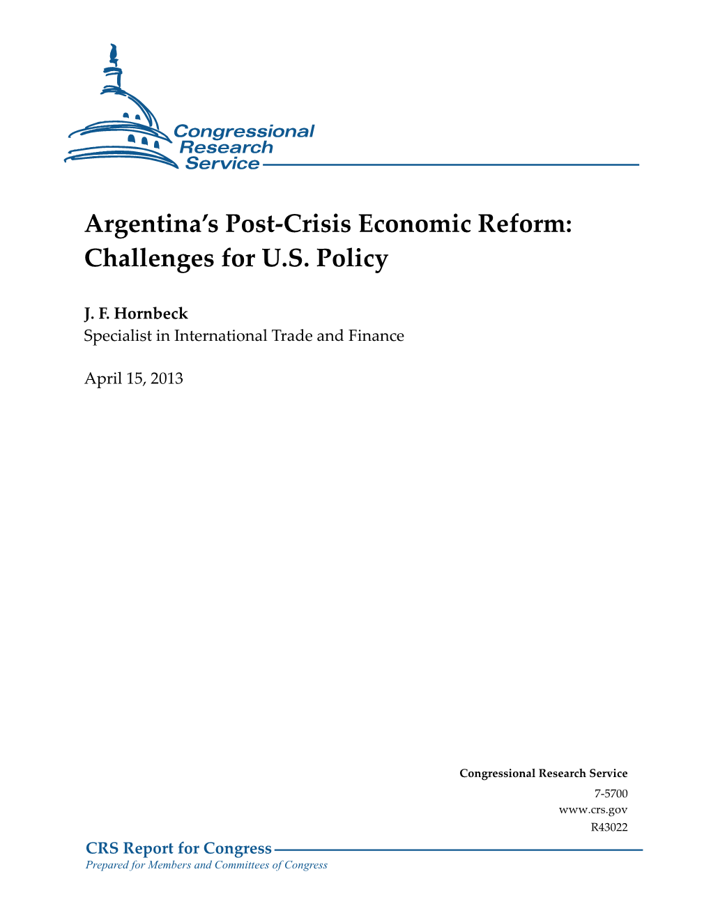 Argentina's Post-Crisis Economic Reform: Challenges for U.S. Policy