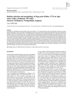 Habitat Selection and Morphology of Saga Pedo (Pallas, 1771) in Alps (Susa Valley, Piedmont, NW Italy) (Insecta: Orthoptera, Tettigoniidae, Saginae) Luca ANSELMO