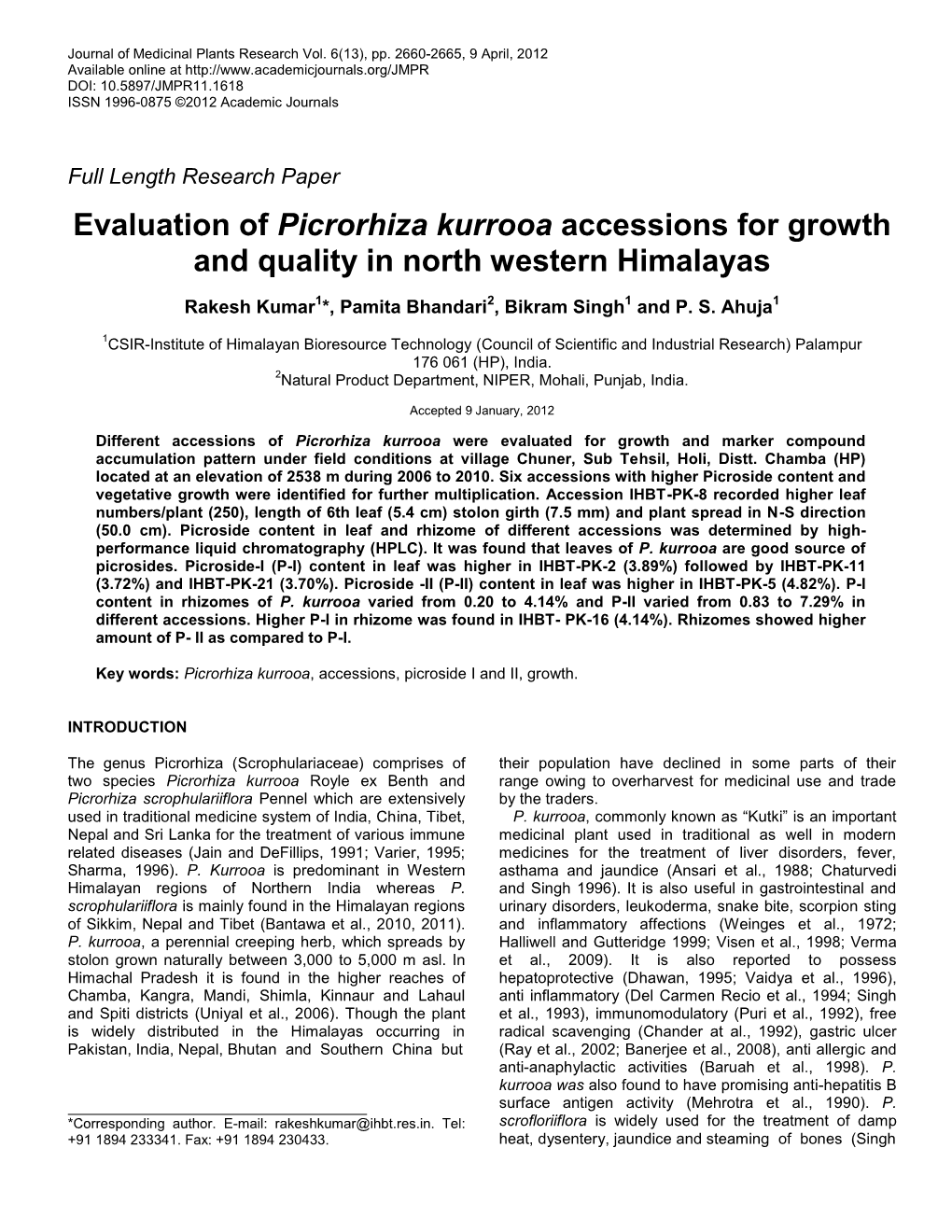 Evaluation of Picrorhiza Kurrooa Accessions for Growth and Quality in North Western Himalayas