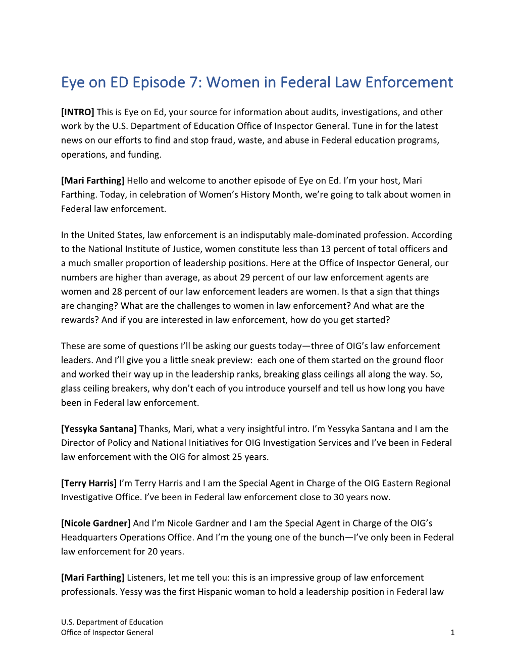 Transcript Eye on ED Episode 7: Women in Federal Law Enforcement