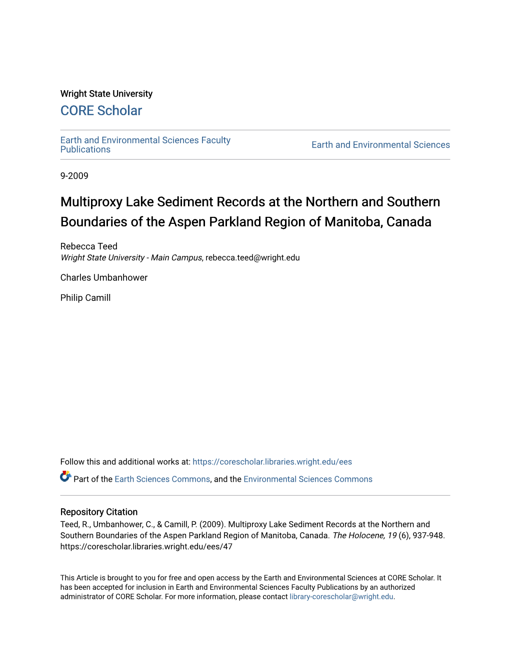 Multiproxy Lake Sediment Records at the Northern and Southern Boundaries of the Aspen Parkland Region of Manitoba, Canada