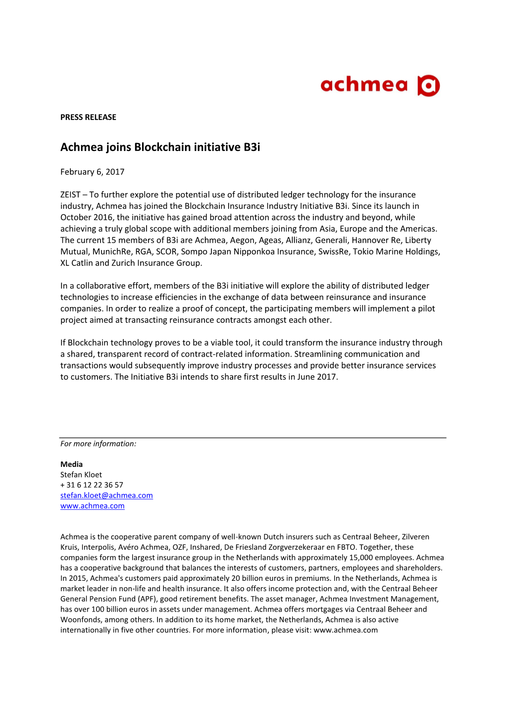 Achmea Joins Blockchain Initiative B3i