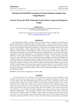 Eksplorium Thorium and Total REE Correlation in Stream Sediment Samples from Lingga Regency Korelasi Torium Dan REE Total Pada C