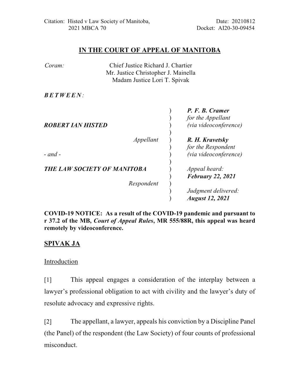 Citation: Histed V Law Society of Manitoba, Date: 20210812 2021 MBCA 70 Docket: AI20-30-09454