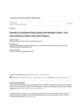 Benefits to Qualitative Data Quality with Multiple Coders: Two Case Studies in Multi-Coder Data Analysis." Journal of Rural Social Sciences, 34(1): Article 2