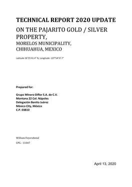 Technical Report 2020 Update on the Pajarito Gold / Silver Property, Morelos Municipality, Chihuahua, Mexico