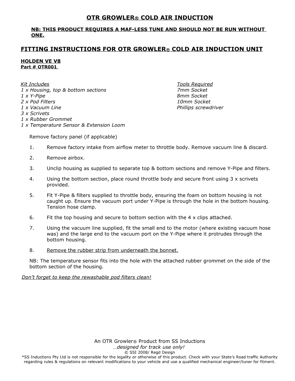 Fitting Instructions for Cold Air Induction Unit s1