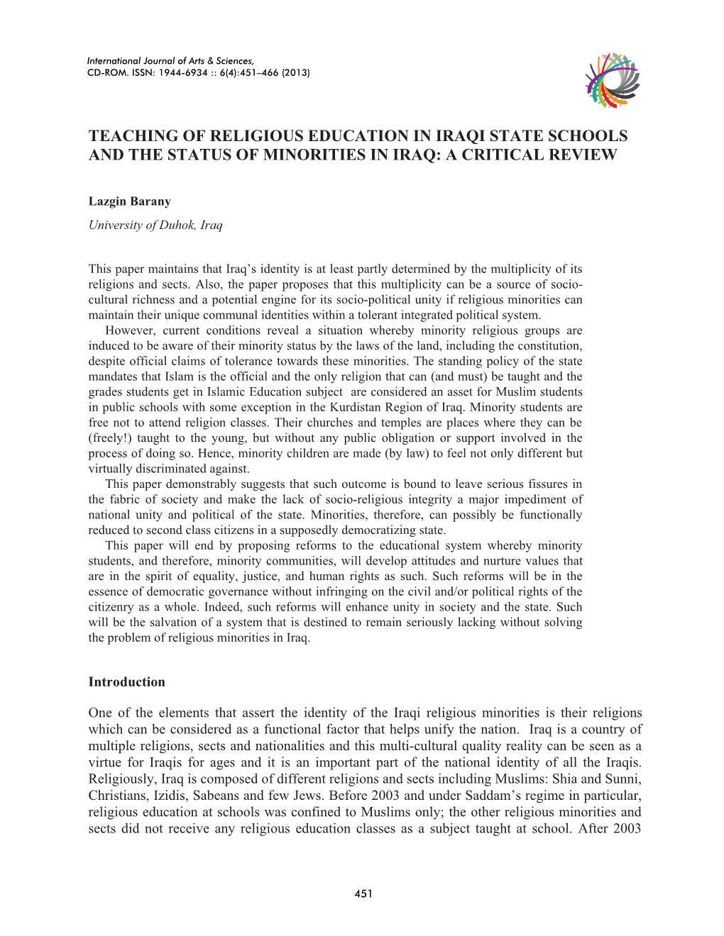 Teaching of Religious Education in Iraqi State Schools and the Status of Minorities in Iraq: a Critical Review