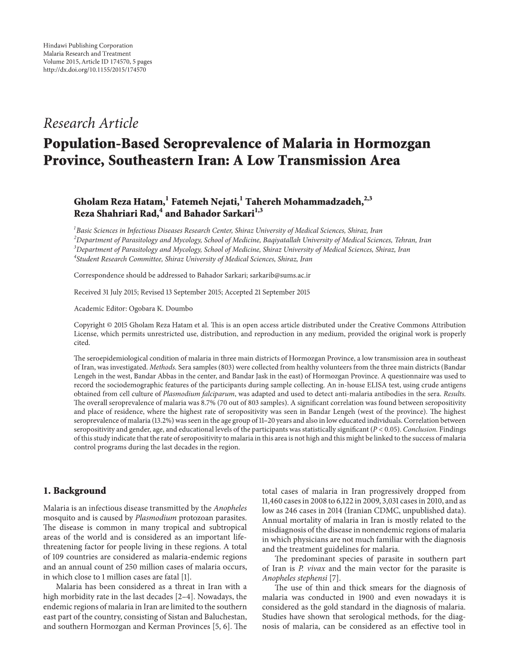 Population-Based Seroprevalence of Malaria in Hormozgan Province, Southeastern Iran: a Low Transmission Area