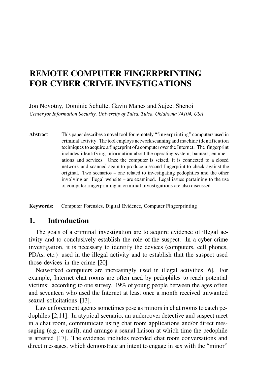 Remote Computer Fingerprinting for Cyber Crime Investigations