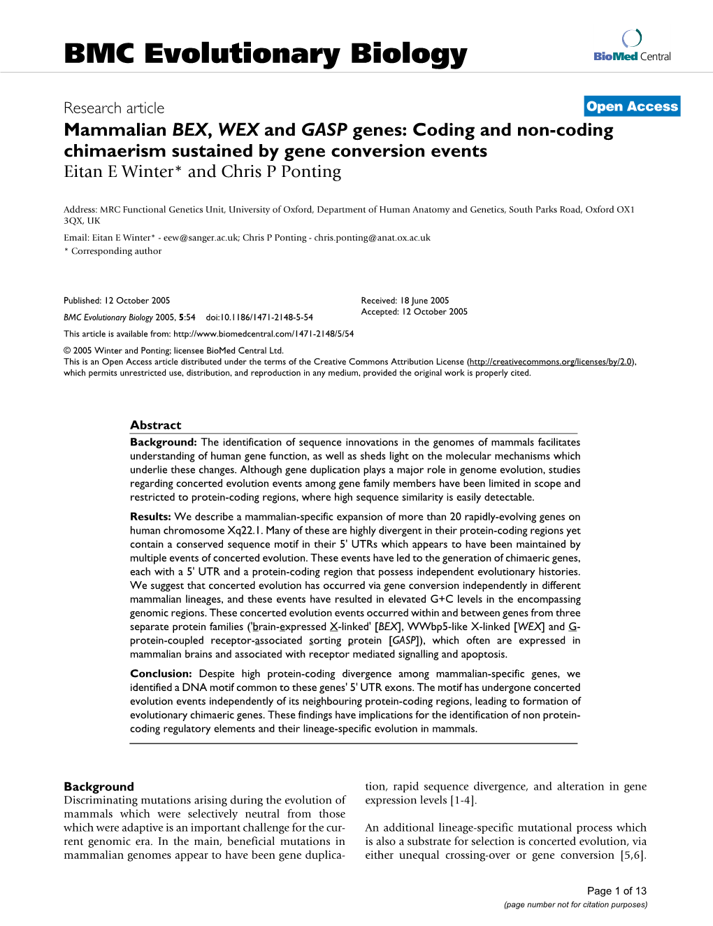 Coding and Non-Coding Chimaerism Sustained by Gene Conversion Events Eitan E Winter* and Chris P Ponting