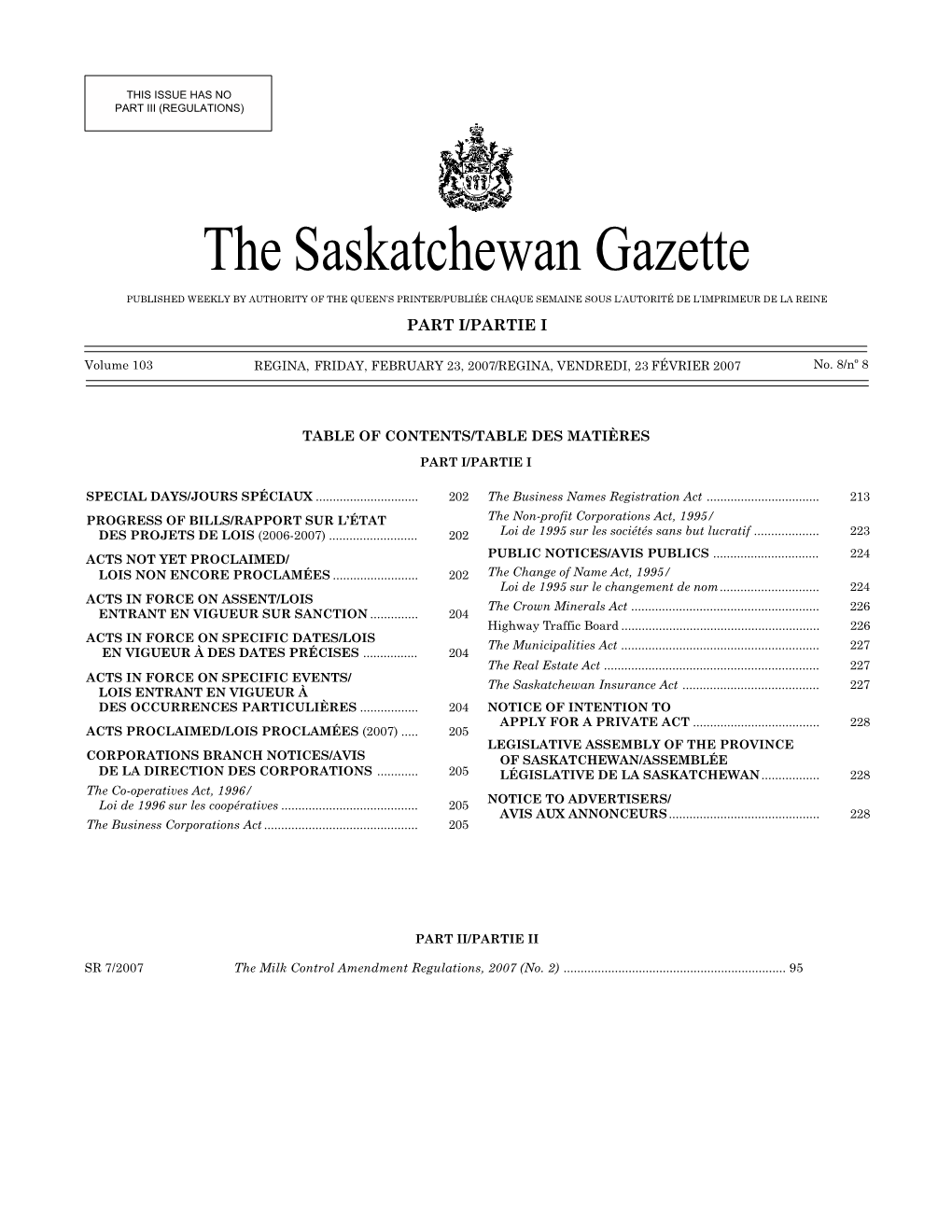 Sask Gazette, Part I, Feb 23, 2007