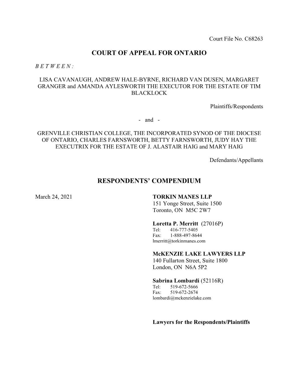 Court of Appeal for Ontario Respondents' Compendium