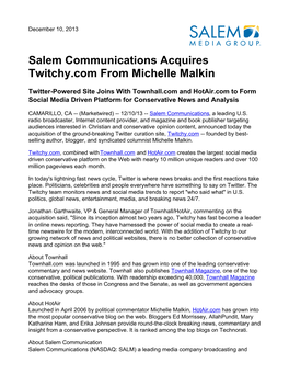 Salem Communications Acquires Twitchy.Com from Michelle Malkin
