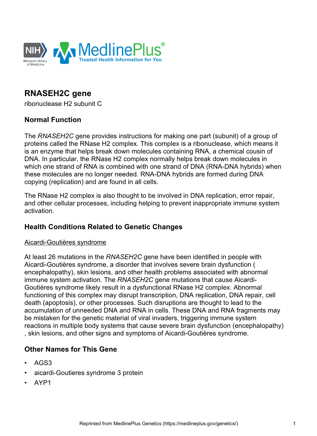 RNASEH2C Gene Ribonuclease H2 Subunit C