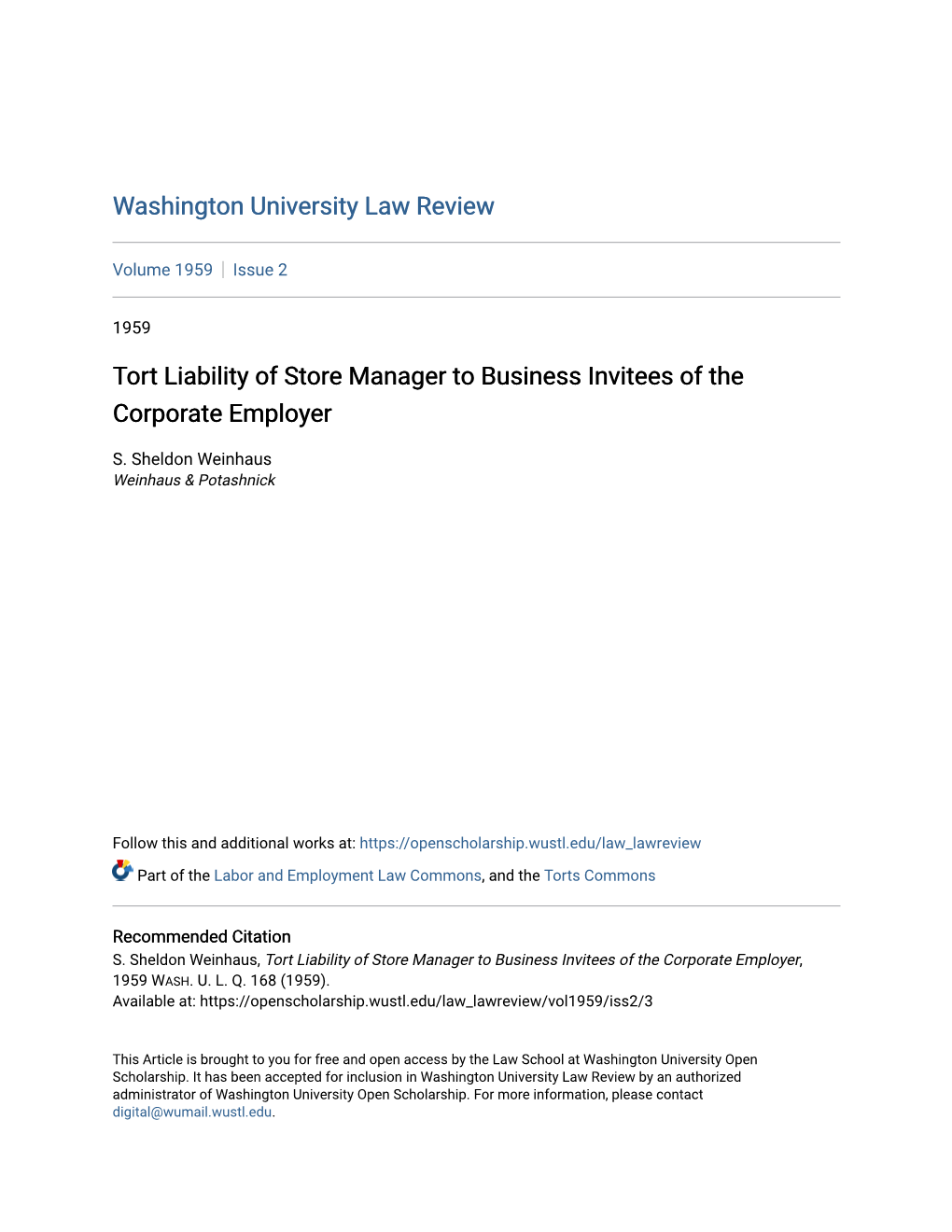 Tort Liability of Store Manager to Business Invitees of the Corporate Employer