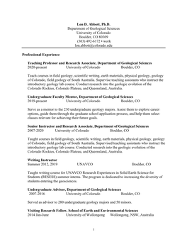 Lon D. Abbott, Ph.D. Department of Geological Sciences University of Colorado Boulder, CO 80309 (303) 492-6172 • Work Lon.Abbott@Colorado.Edu