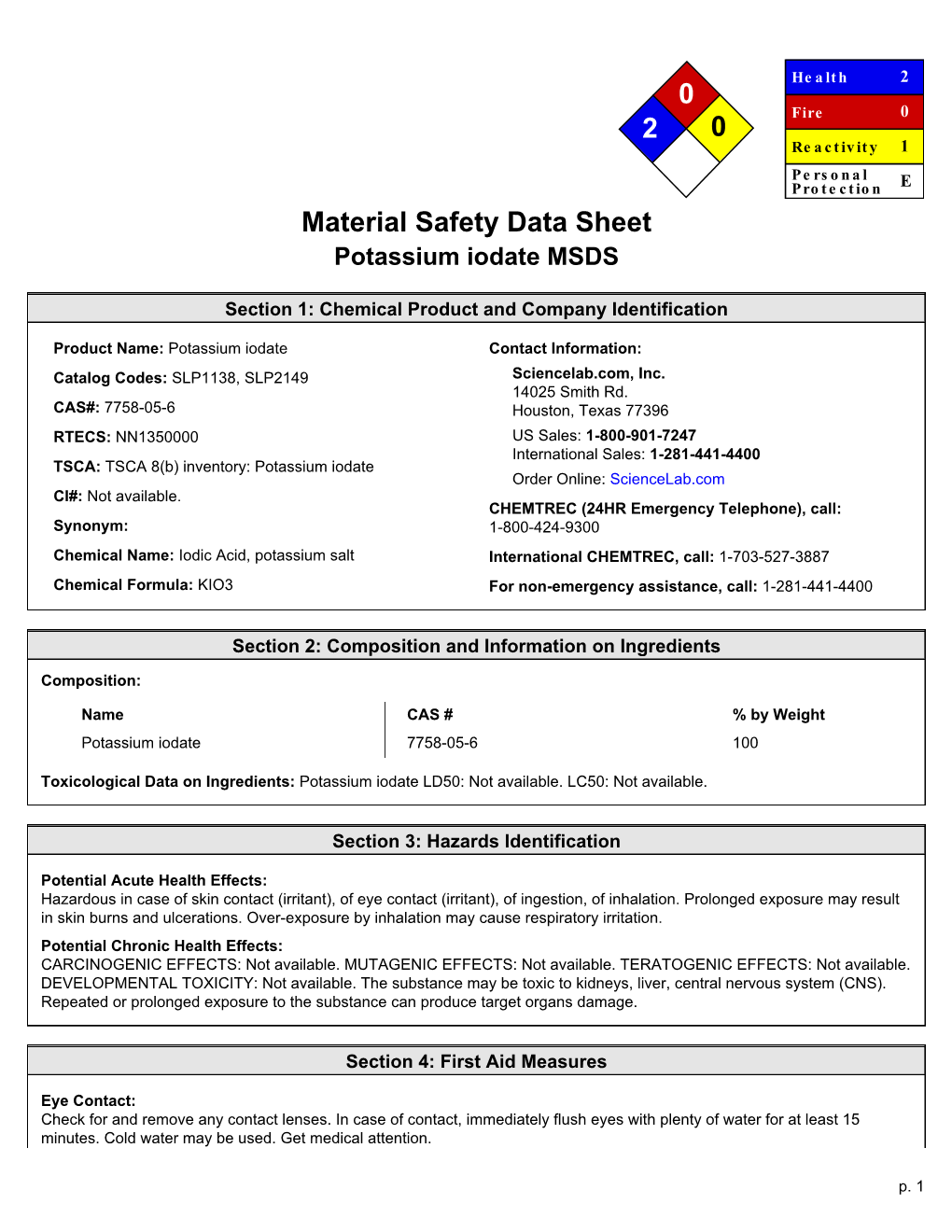 Material Safety Data Sheet Potassium Iodate MSDS - DocsLib