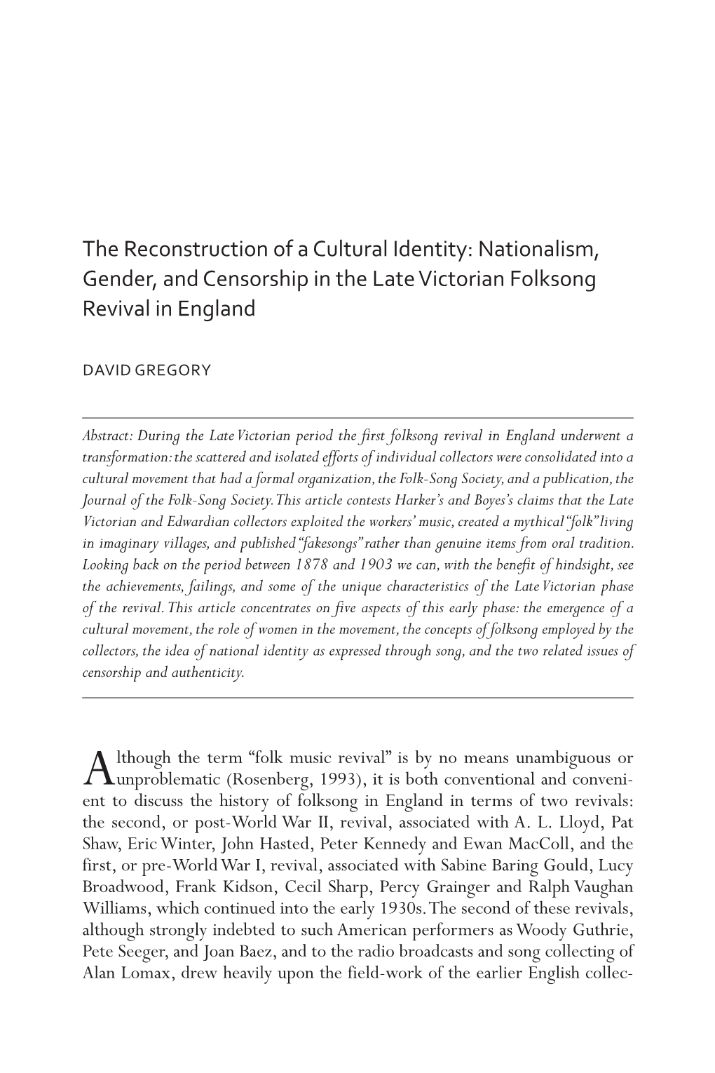 Nationalism, Gender, and Censorship in the Late Victorian Folksong Revival in England