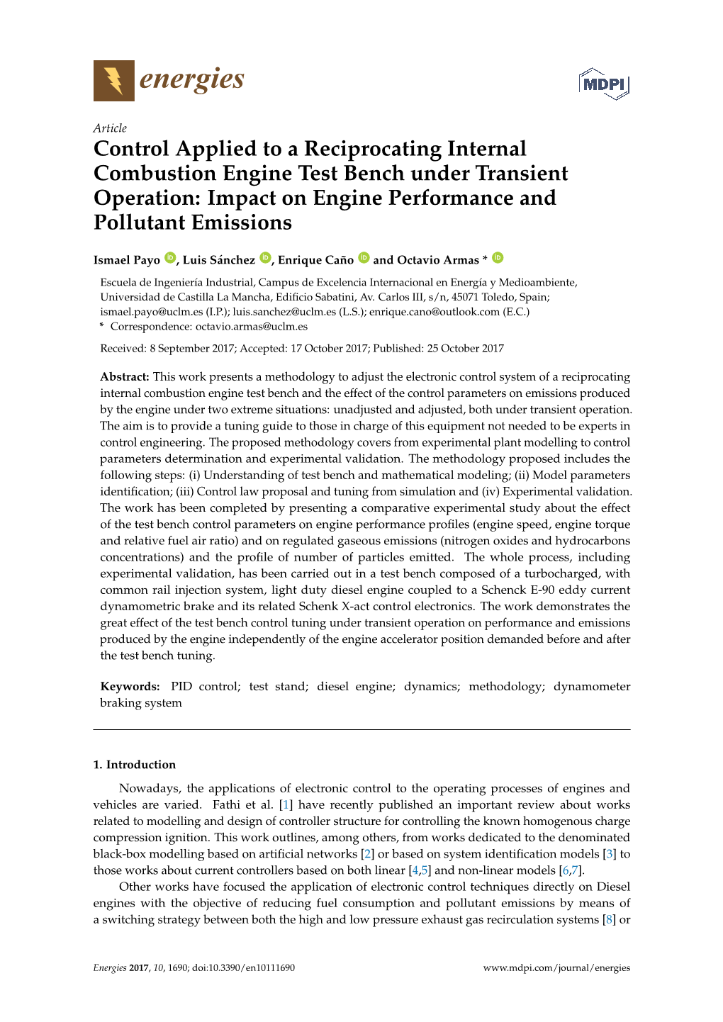 Control Applied to a Reciprocating Internal Combustion Engine Test Bench Under Transient Operation: Impact on Engine Performance and Pollutant Emissions