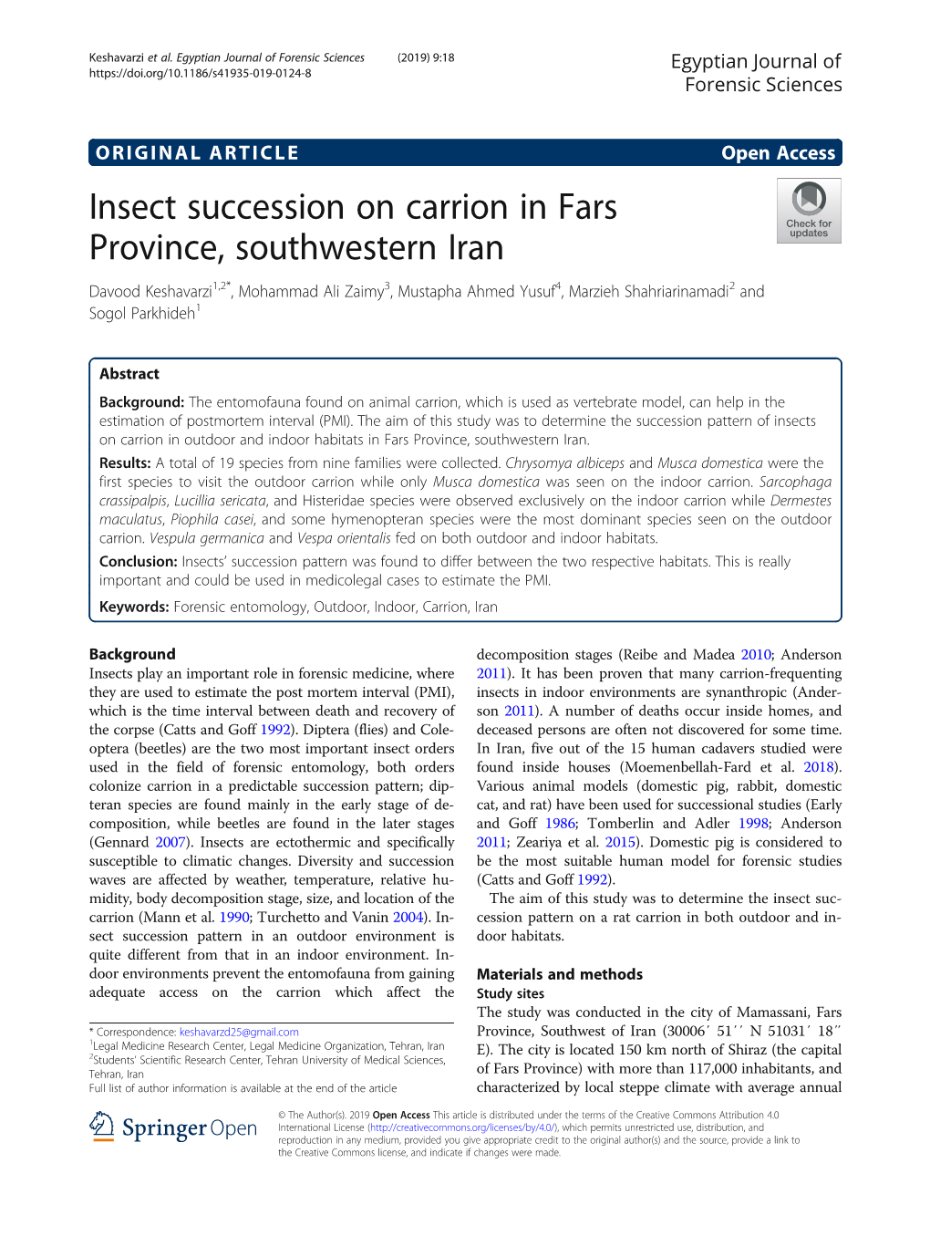 Insect Succession on Carrion in Fars Province, Southwestern Iran