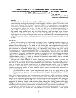 A STATE-SPONSORED RELIGION in MALAWI? a Critical Evaluation of the Relationship Between the CCAP Nkhoma Synod and the MCP-Led Government (1964-1994) Dr