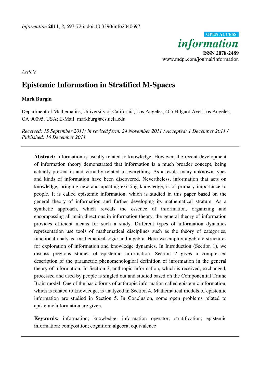 Epistemic Information in Stratified M-Spaces