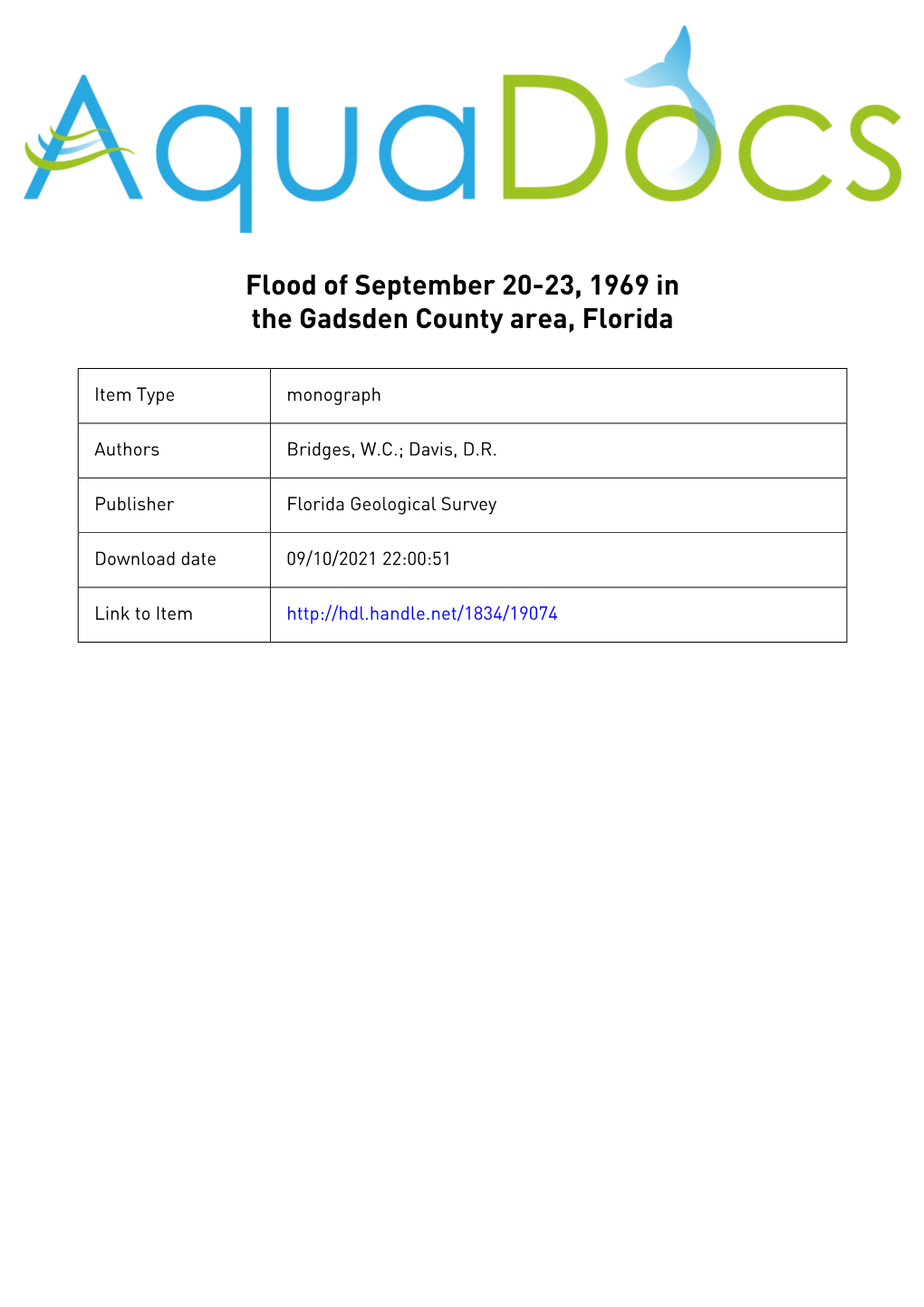 Flood of September 20-23, 1969 in the Gadsden County Area, Florida