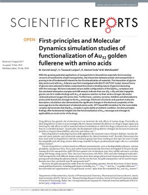 First-Principles and Molecular Dynamics Simulation Studies of Functionalization of Au32 Golden Fullerene with Amino Acids
